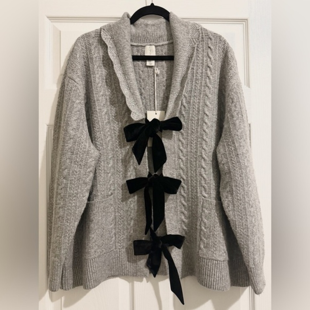 NWT Joie Gray Cable Knit Cardigan with Black Bows